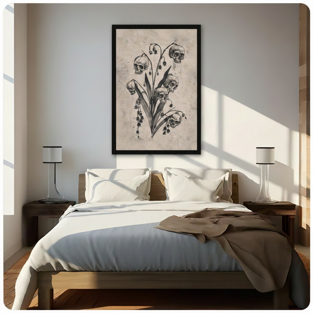 Gothic Skull Lily of Valley Botanical Canvas Art