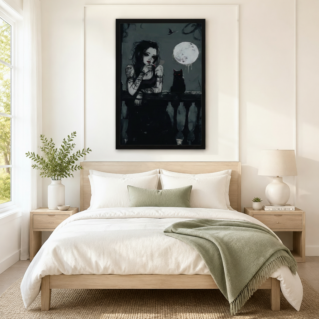 Gothic Moon Black Cat Canvas Wall Art