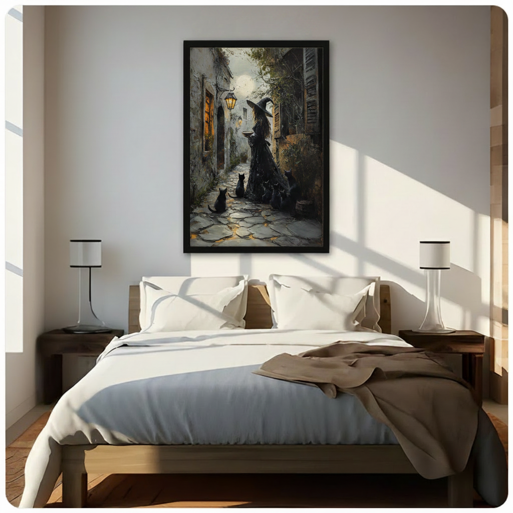 Gothic Witch Black Cats Moonlit Canvas Wall Art