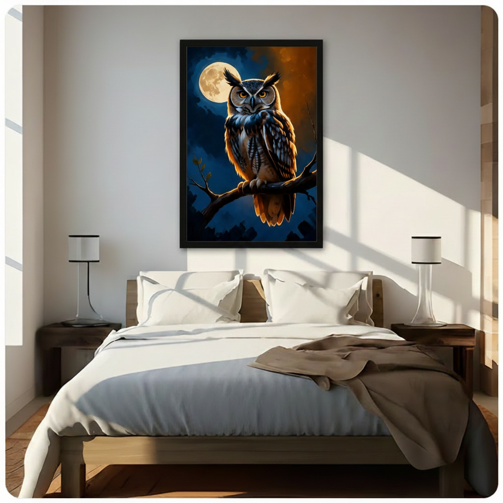 Great Horned Owl Full Moon Night Oil Painting Canvas Art