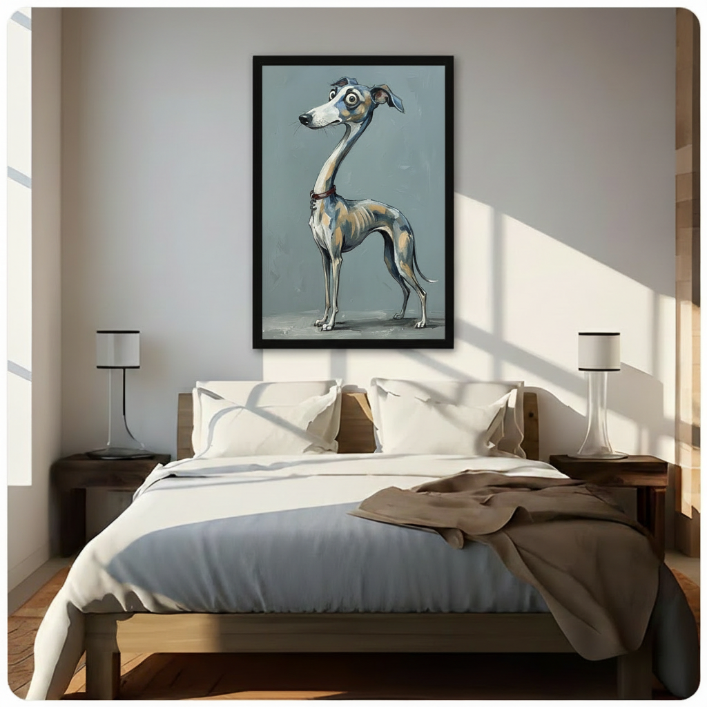Funny Whippet Dog Portrait Framed Canvas Wall Art