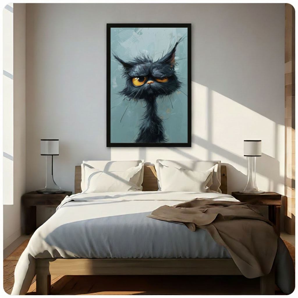 Grumpy Black Cat Portrait Canvas Wall Art