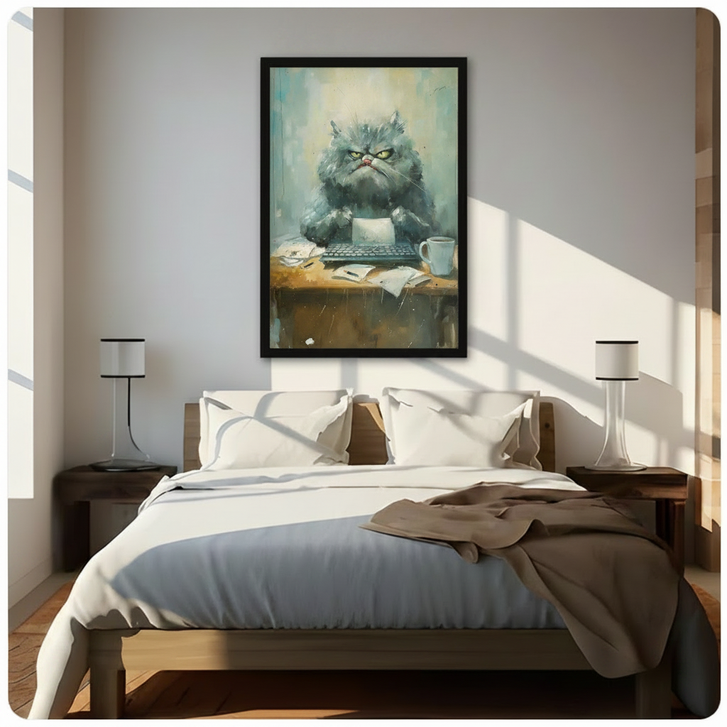 Grumpy Office Cat Watercolor Canvas Wall Art