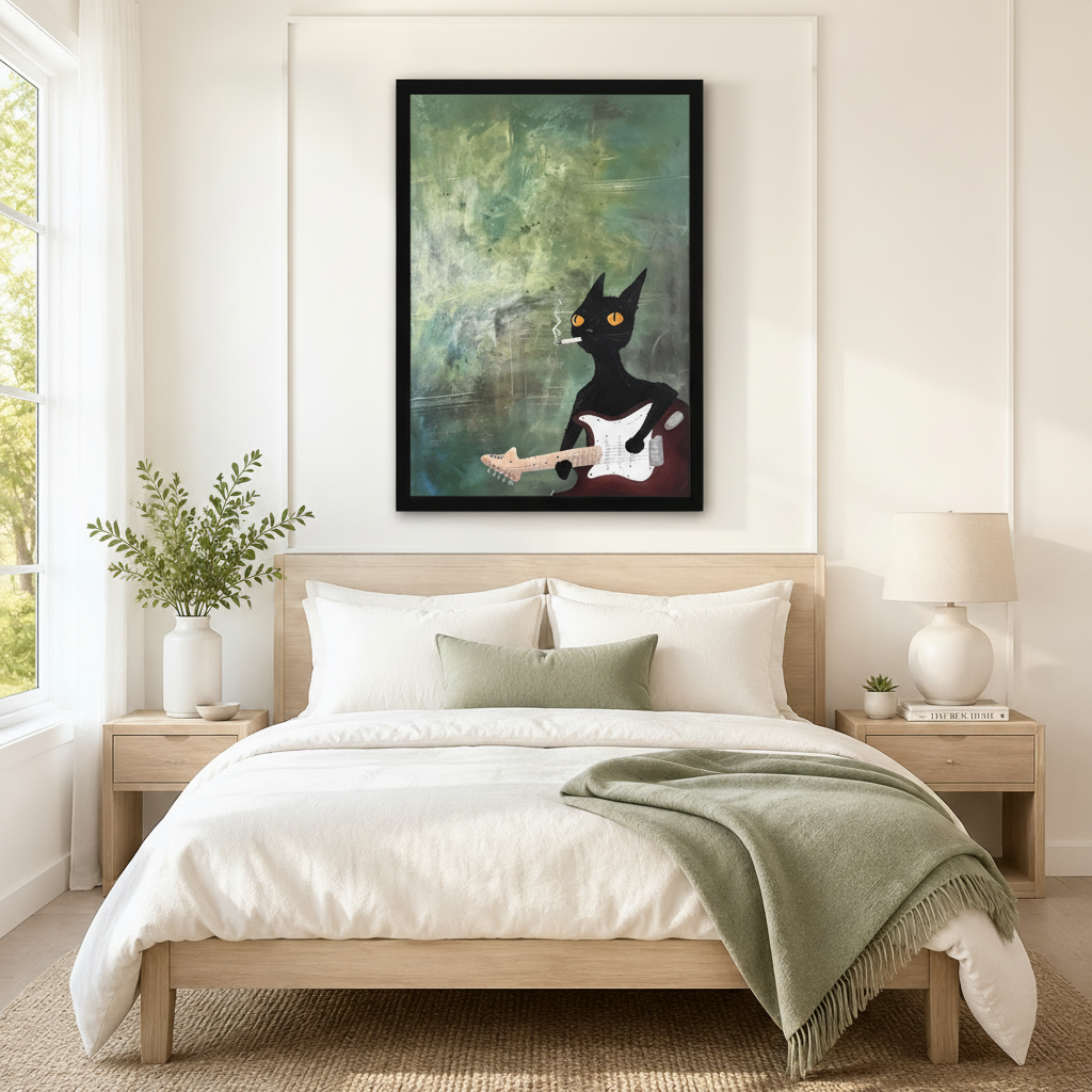Rock Cat Guitar Vintage Green Canvas Wall Art