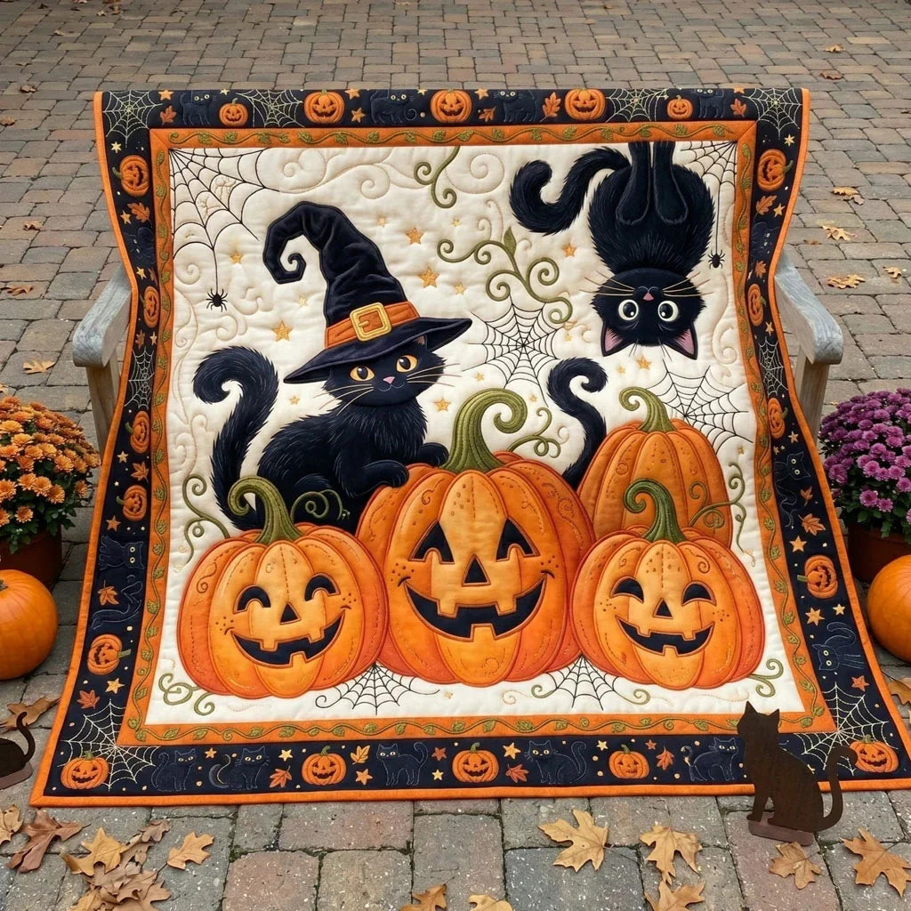 Halloween Black Cats And Pumpkins Quilt Blanket