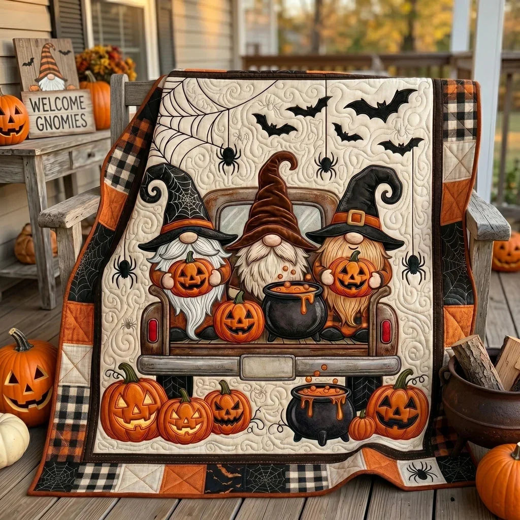 Halloween Gnome Pumpkin Truck Quilt Blanket