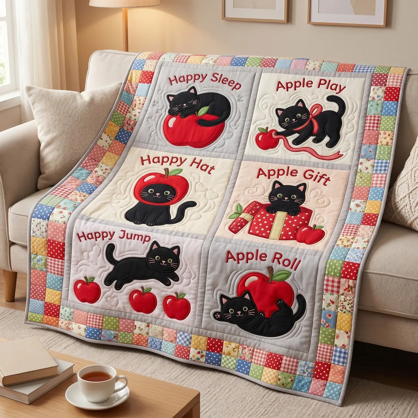 Happy Black Cat Quilt Blanket