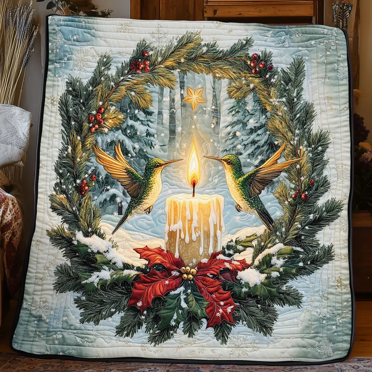 Holly Hummingbird Candle Quilt Blanket