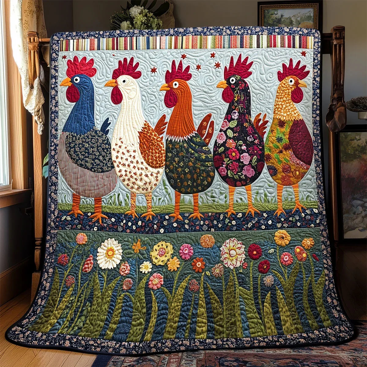 Homestead Folk Chicken Quilt Blanket