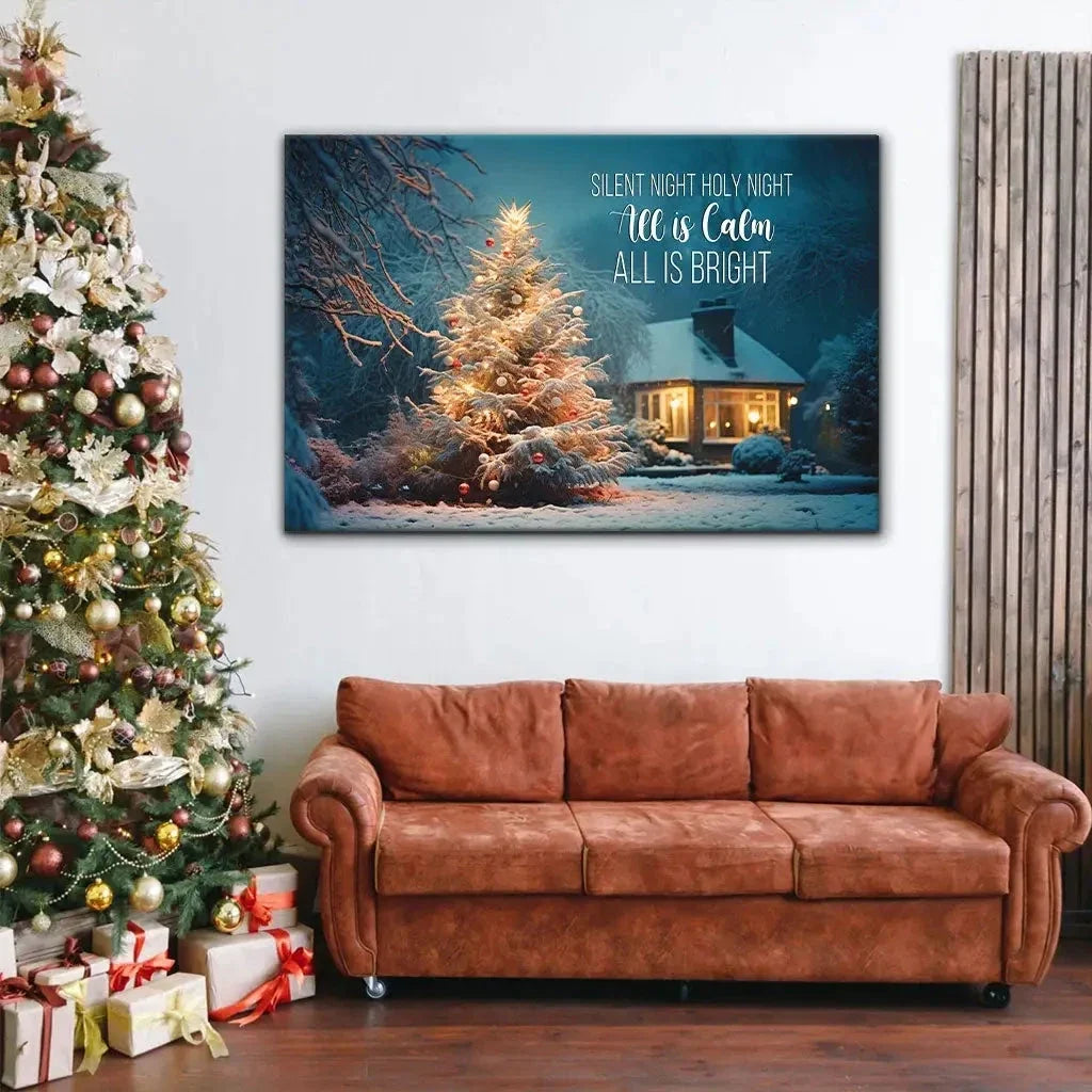 silent night holy night christmas tree wall art canvas (Landscape) (view 5)