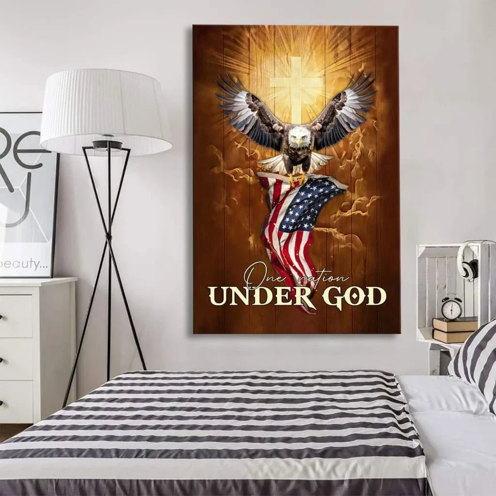 one nation under god bald eagle with american flag wall art canvas (view 4)