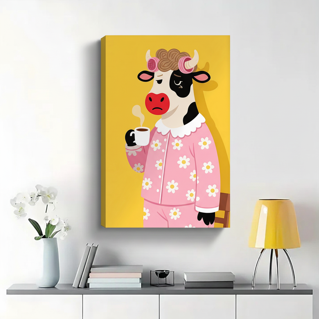 Grumpy Cow in Daisy Pajamas with Coffee Wall Art - Funny Canvas Print