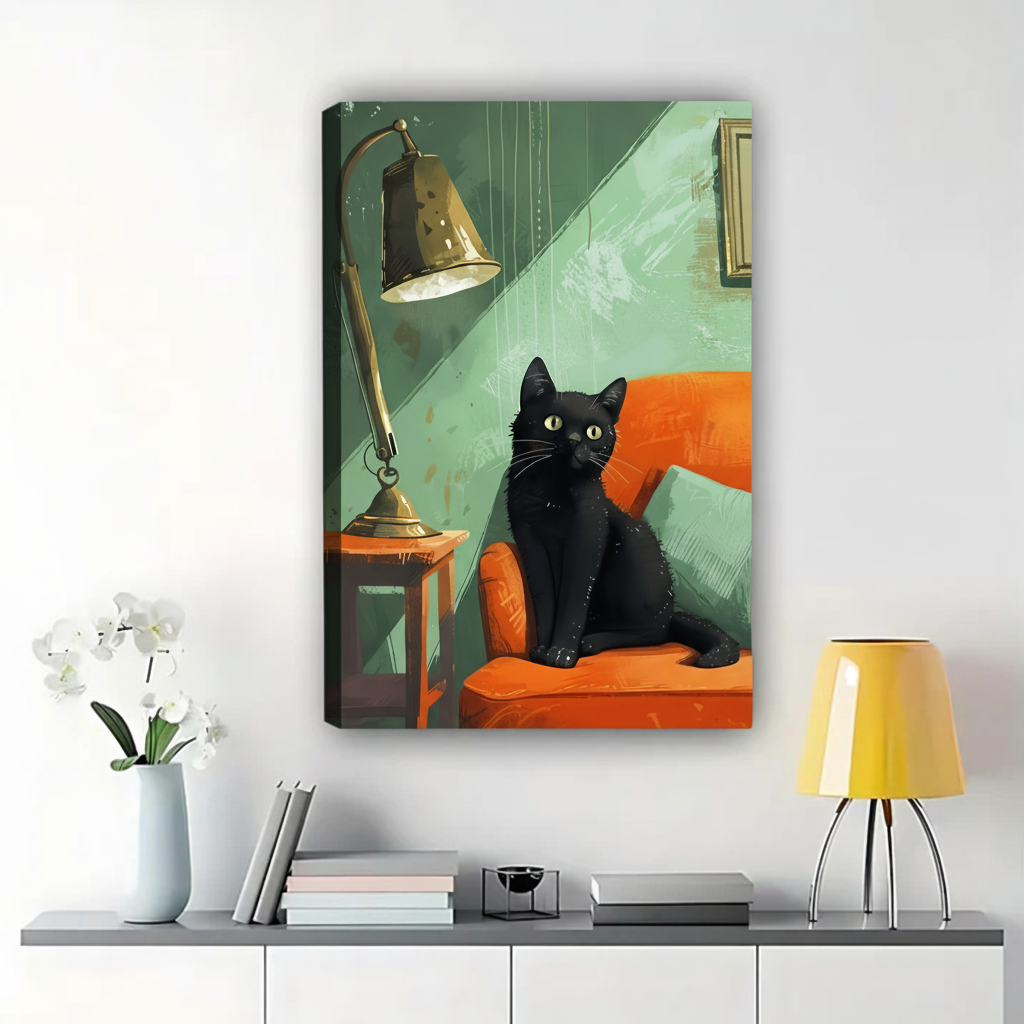 Black Cat on Orange Sofa Wall Art - Retro Illustrated Canvas Print