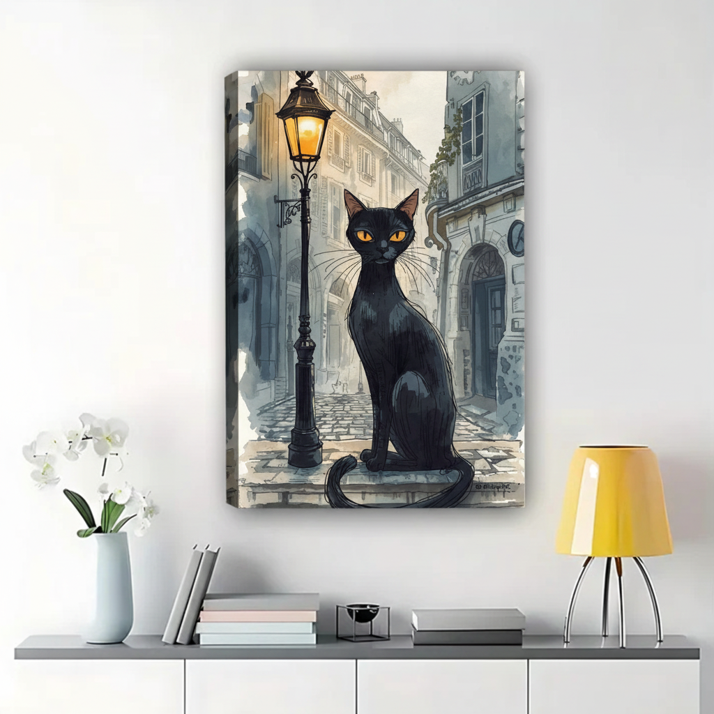 Black Cat on Paris Street at Night Wall Art - Watercolor Canvas Print