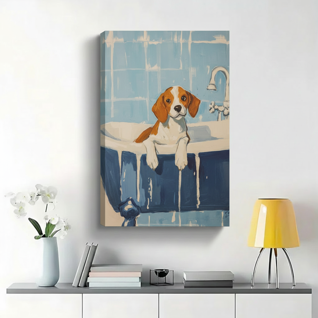 Beagle in Bathtub Wall Art - Cute Dog Bath Time Illustrated Canvas Print