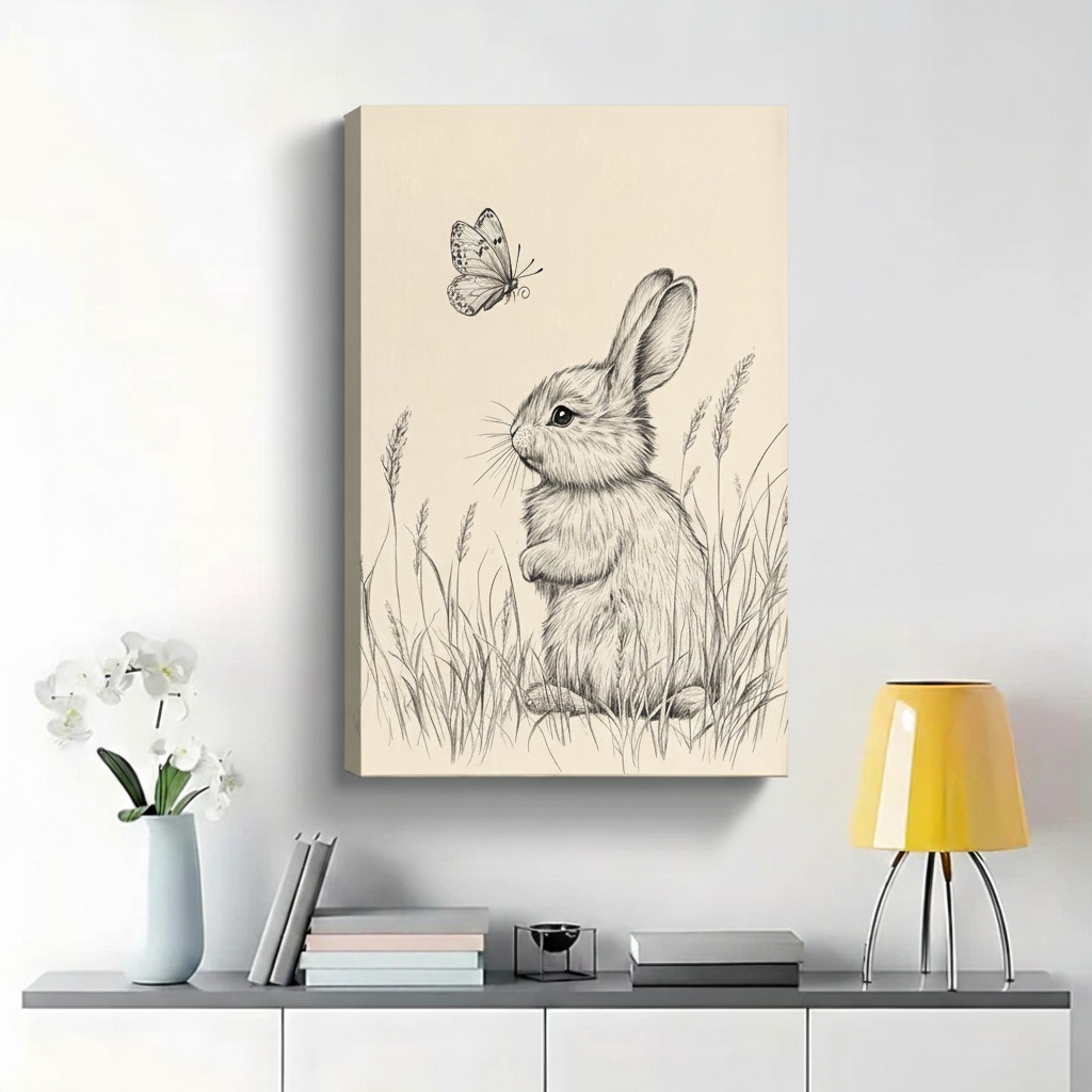 Bunny Watching Butterfly in Meadow Wall Art - Pencil Sketch Canvas Print