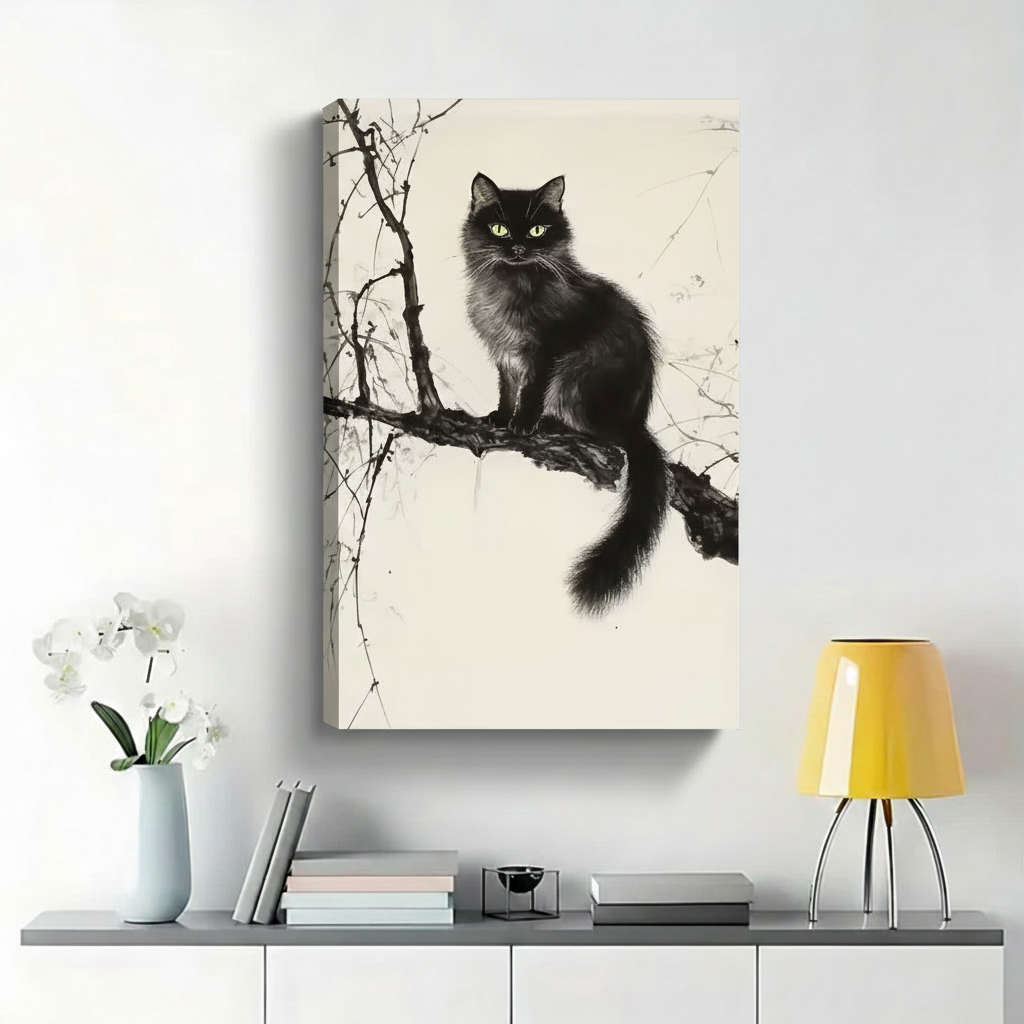 Fluffy Black Cat on Bare Branch Wall Art - Dark Moody Ink Drawing Canvas Print