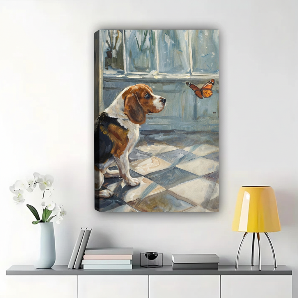 Beagle Watching Butterfly Wall Art - Classic Oil Painting Canvas Print