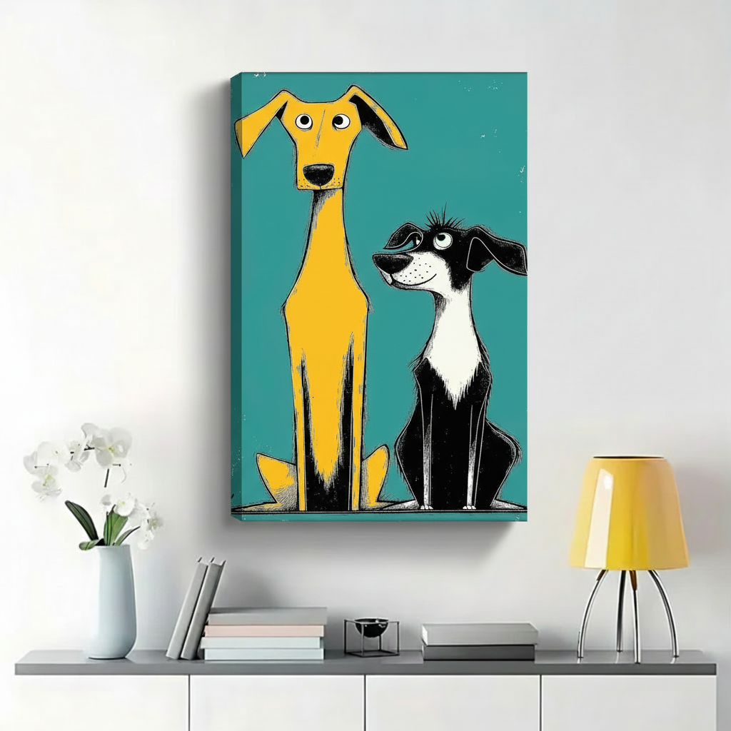 Tall Yellow and Short Black Dog Duo Wall Art - Quirky Cartoon Illustrated Canvas Print