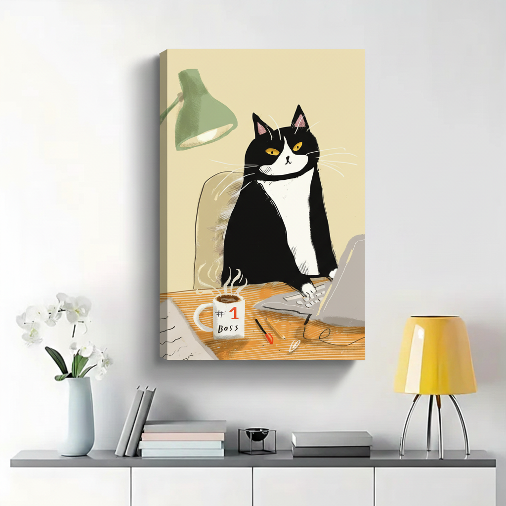 Tuxedo Cat Boss at Desk Wall Art - Funny Office Canvas Print