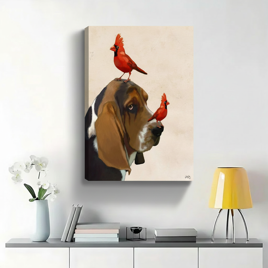 Basset Hound with Two Red Cardinals Wall Art - Funny Realistic Canvas Print