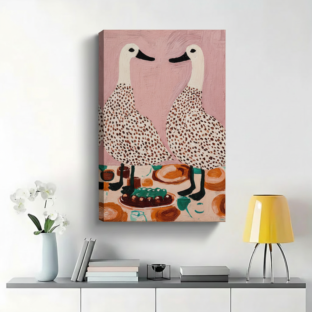 Two Spotted Geese at Dinner Table Wall Art - Whimsical Textured Oil Painting Canvas Print