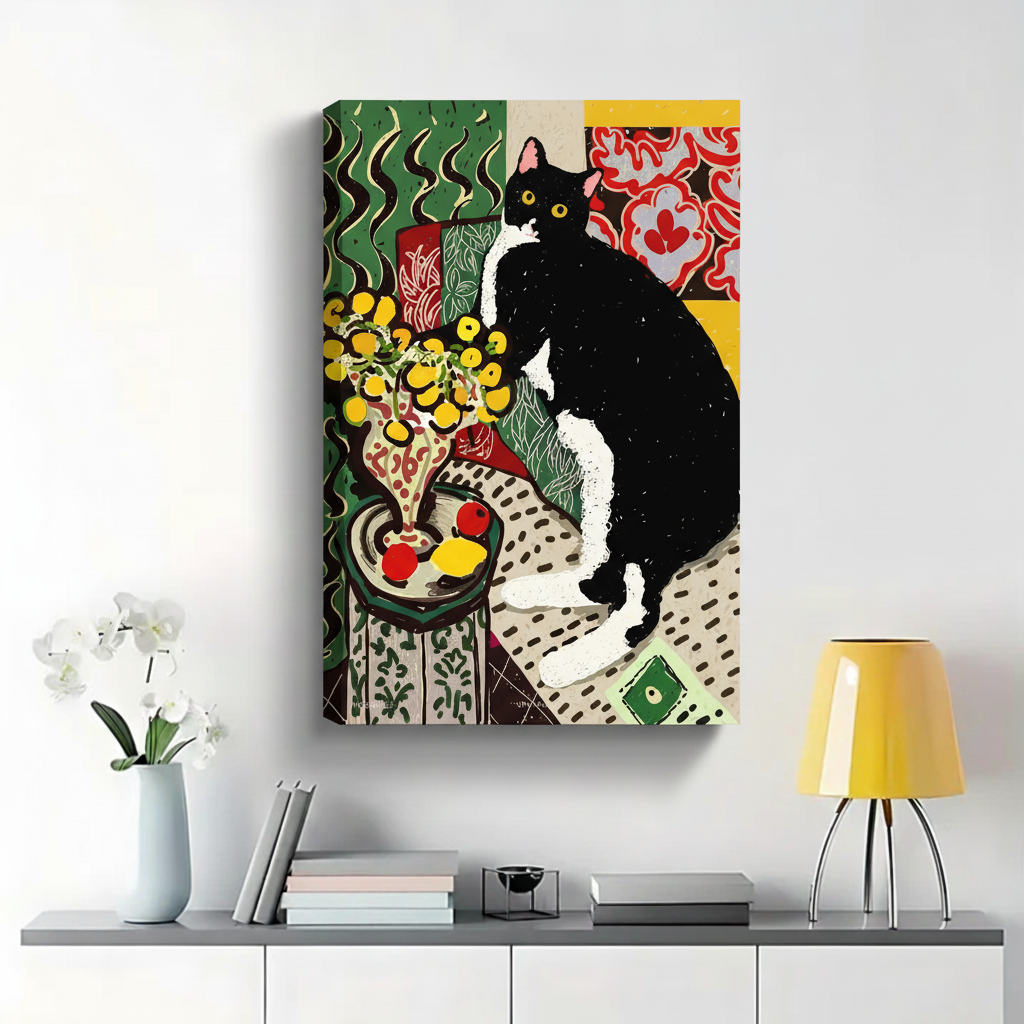 Tuxedo Cat with Flowers in Matisse Style Wall Art - Fauvist Canvas Print