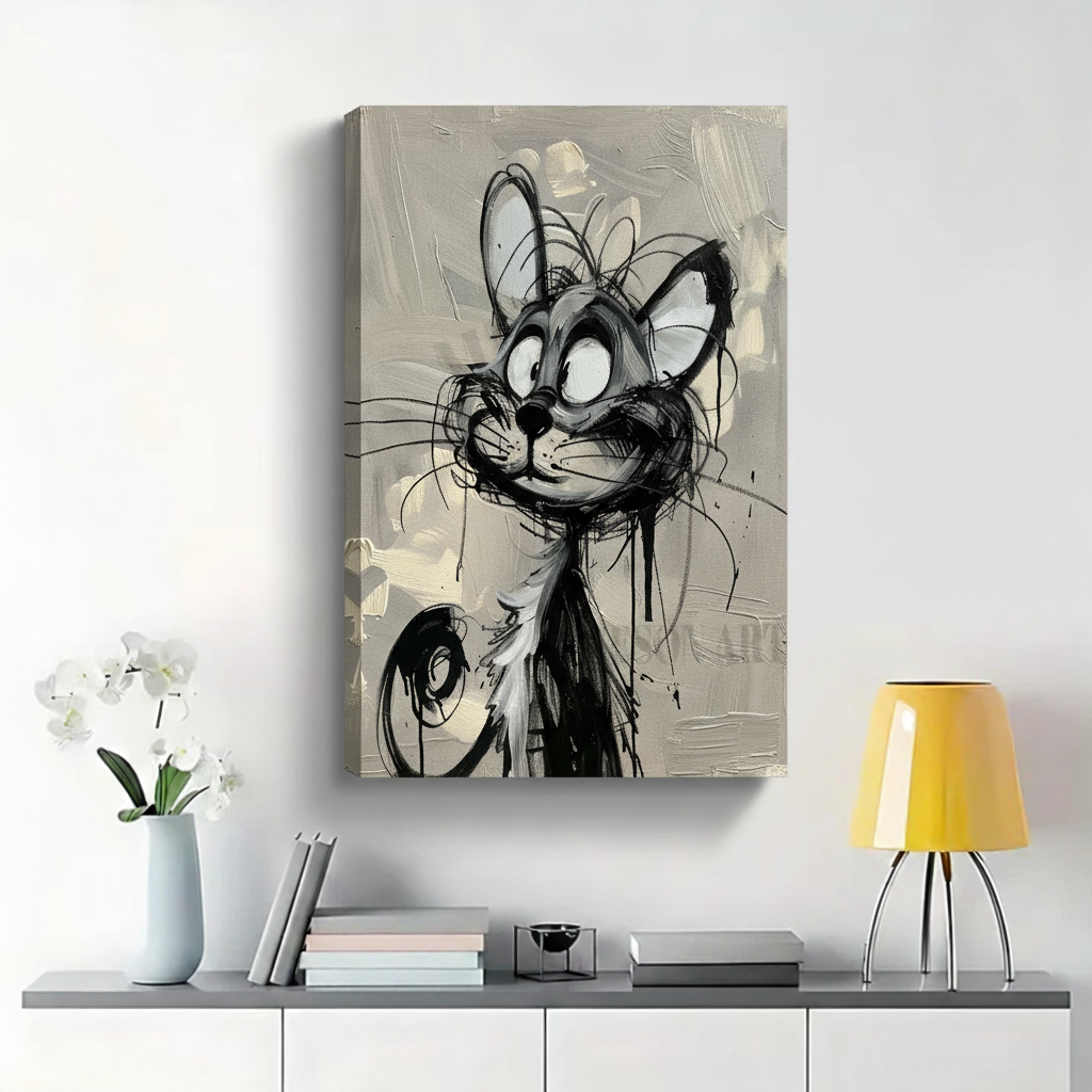 Graffiti Style Crazy Cat Wall Art - Black and White Expressive Canvas Print