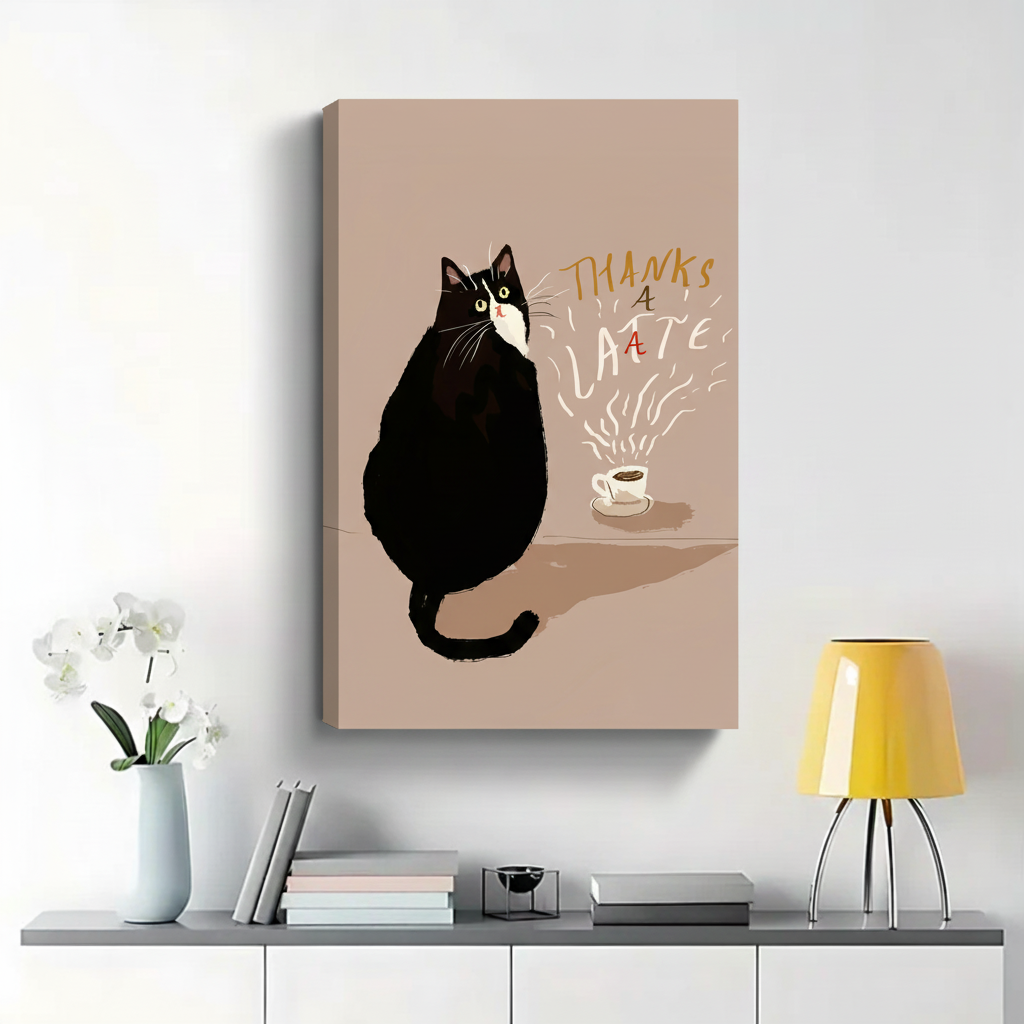 Thanks a Latte Tuxedo Cat Wall Art - Funny Coffee Cat Canvas Print