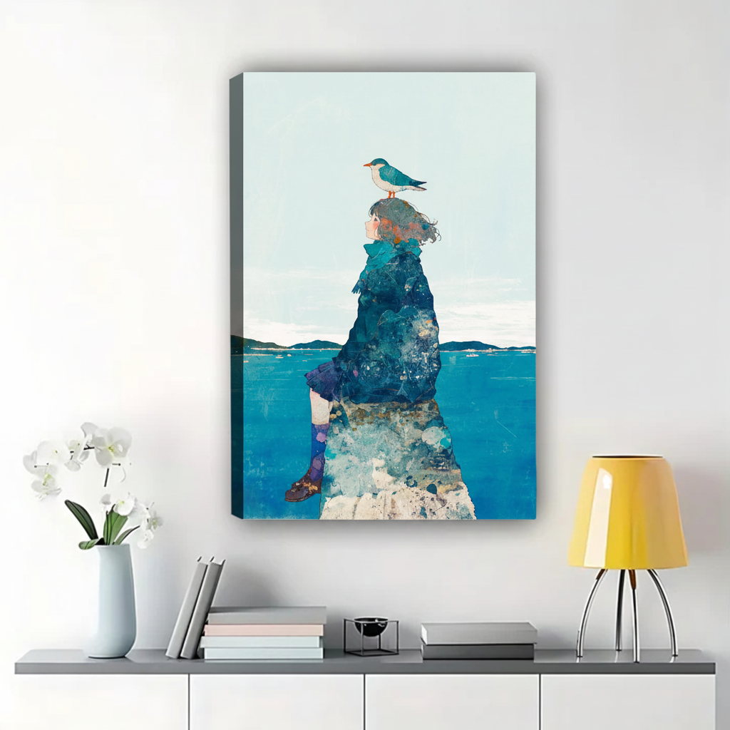 Girl on Rock with Seagull Wall Art - Dreamy Ocean Canvas Print