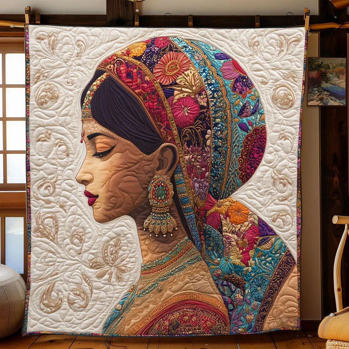 Indian Woman Portrait Quilt Blanket