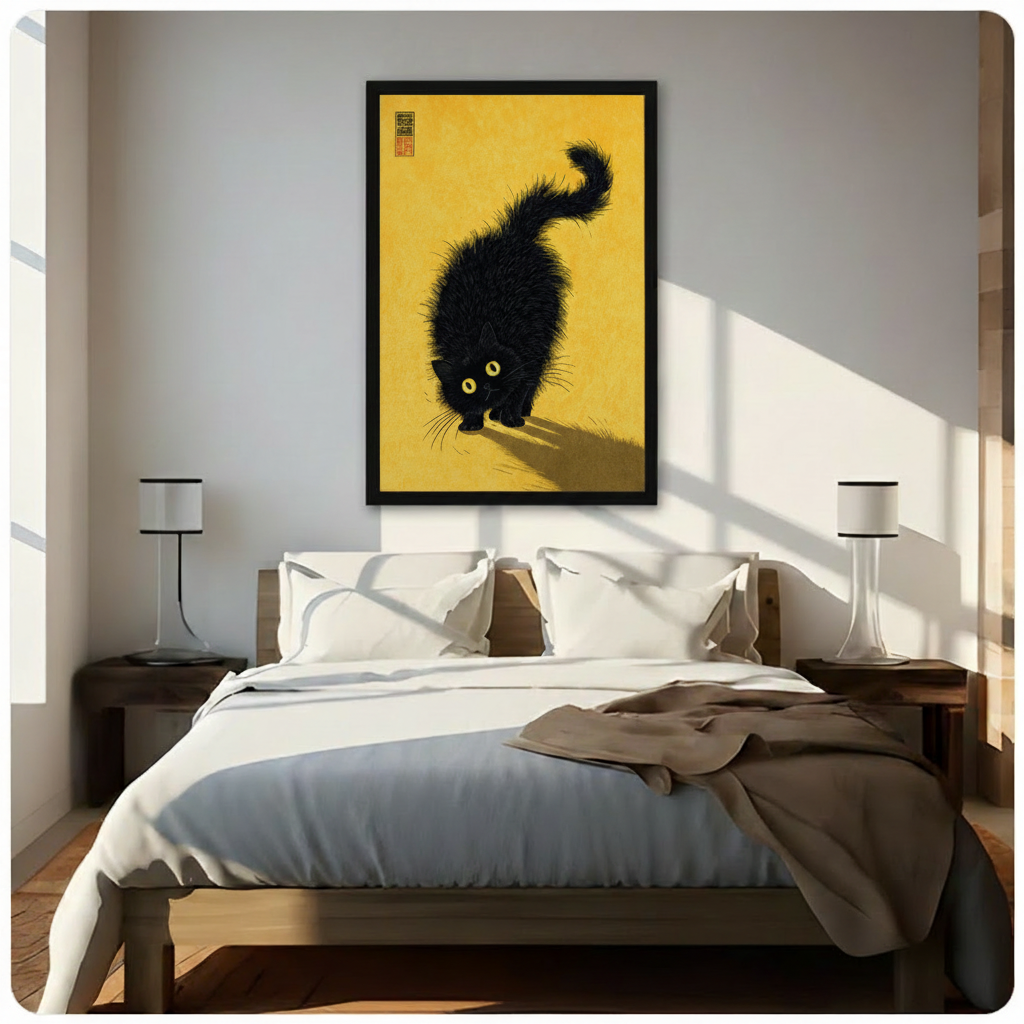 Japanese Ink Black Cat Golden Canvas Wall Art