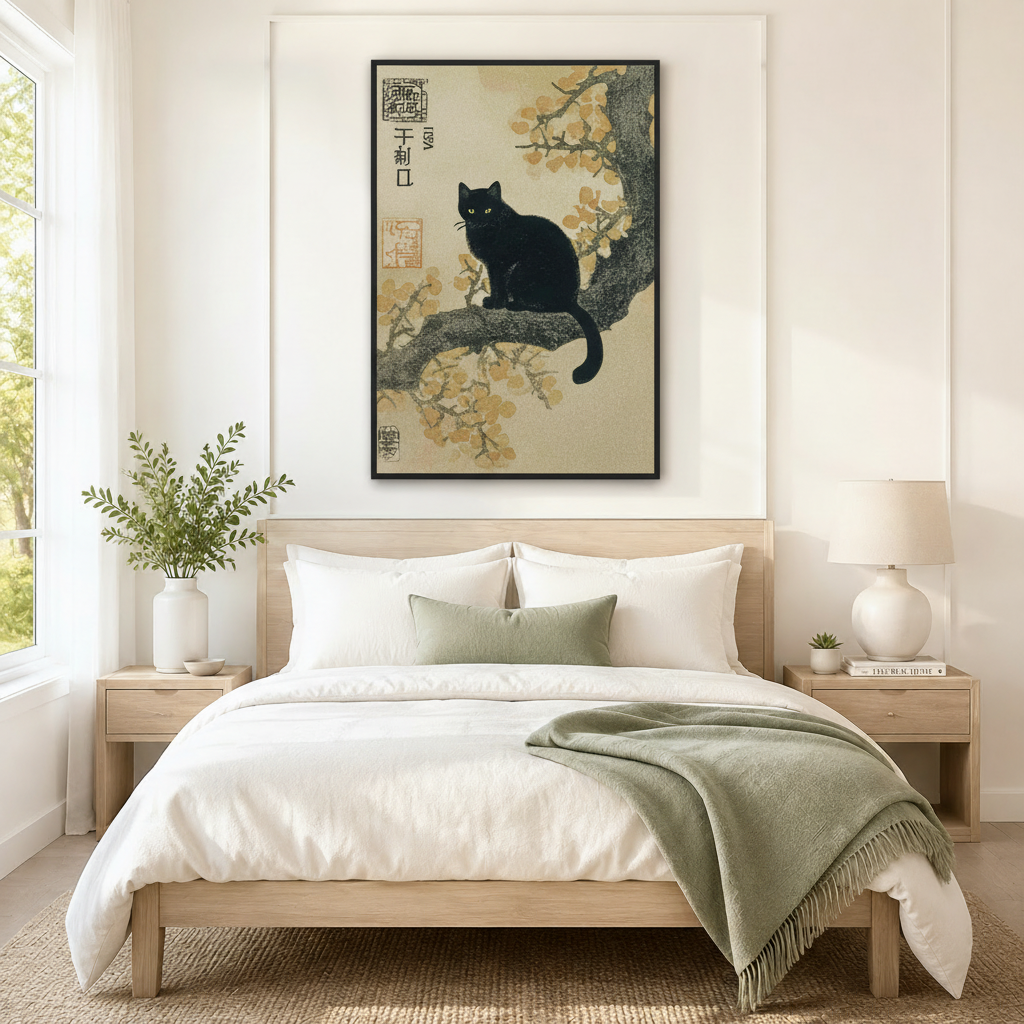 Japanese Black Cat Cherry Blossom Canvas Wall Art