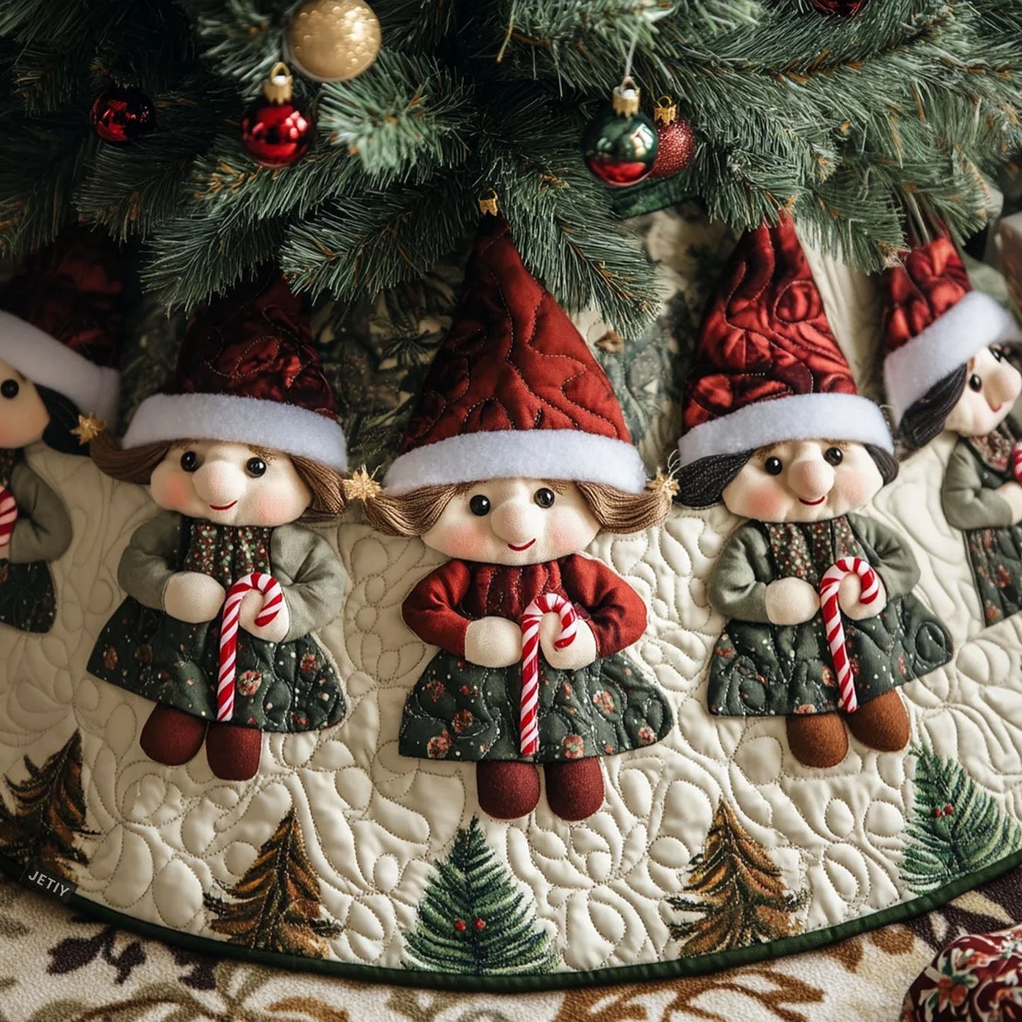 Jolly Elves Gathering Quilted Christmas Tree Skirt