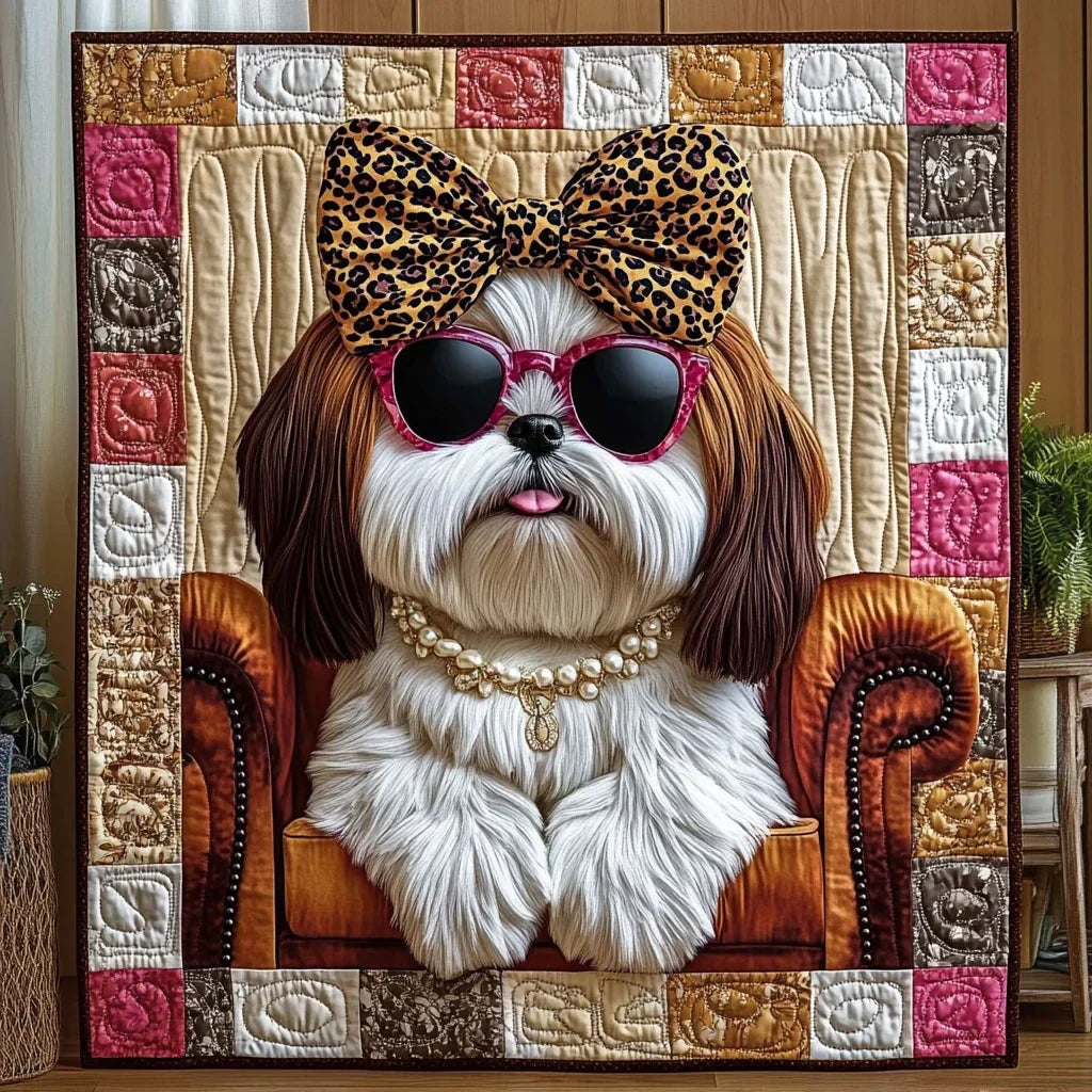 Leopard Bow Shih Tzu Quilt Blanket
