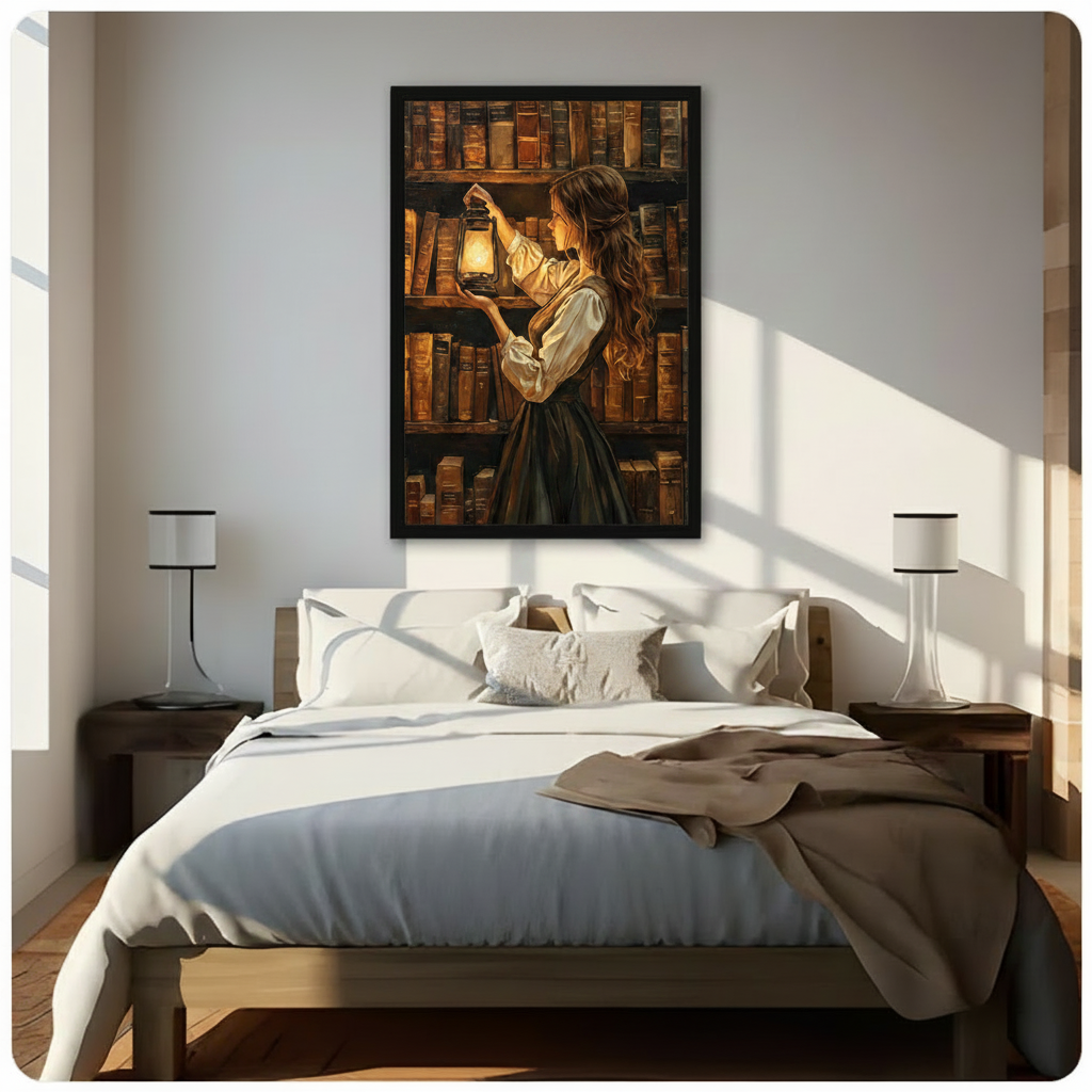 Dark Academia Library Girl Canvas Art Wall Art