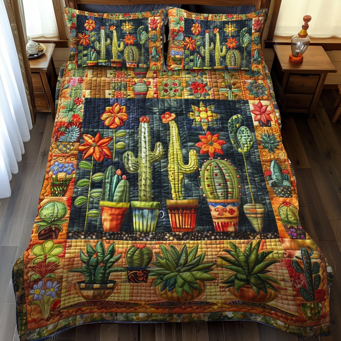 Vibrant Succulent Cactus 3-Piece Quilted Bedding Set - Single (59" x 70")
