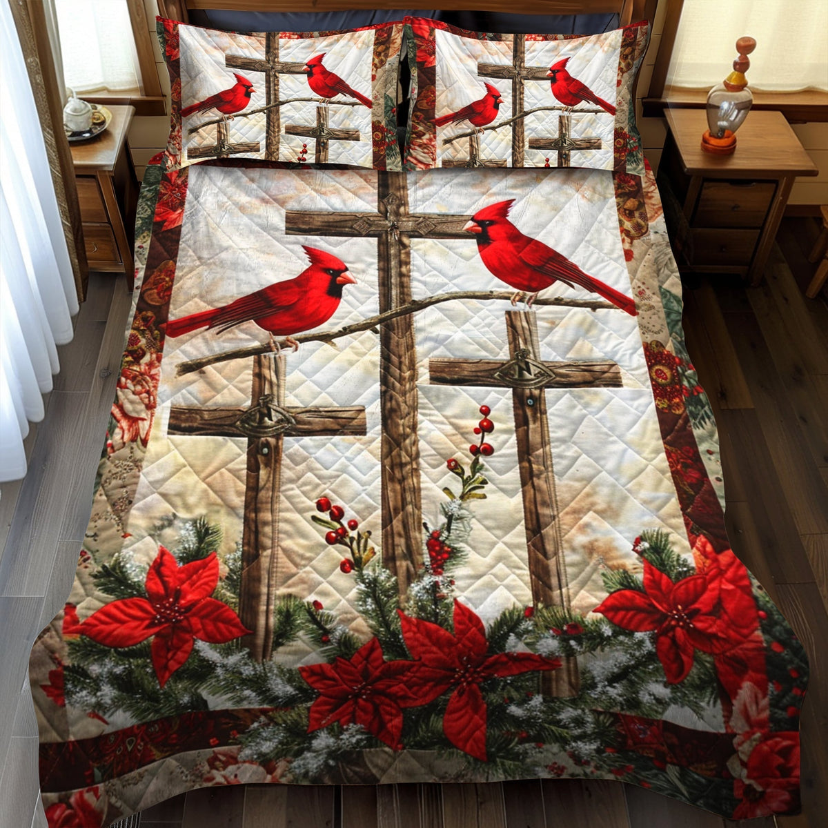 Cardinal Jesus Cross 3-Piece Quilted Bedding Set - Single (59" x 70")