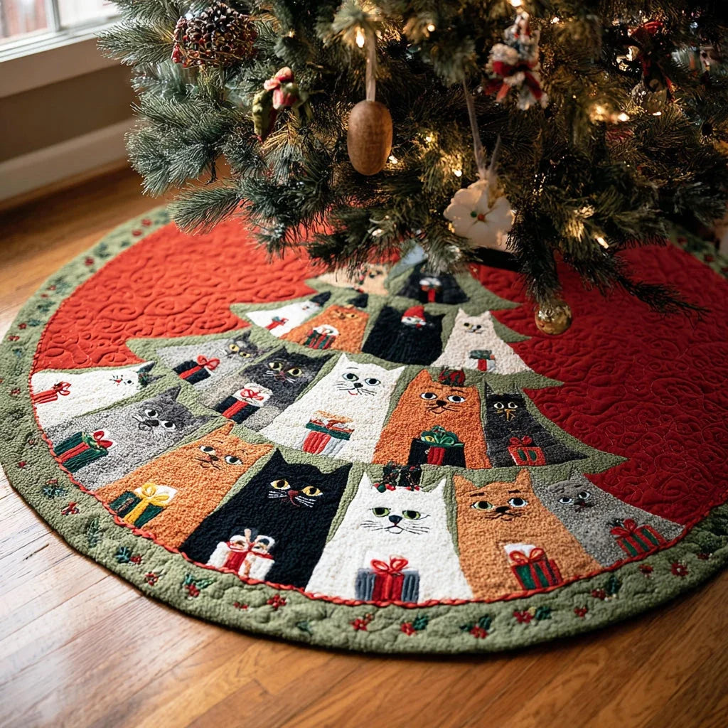 Merry Pounce Christmas Quilted Tree Skirt