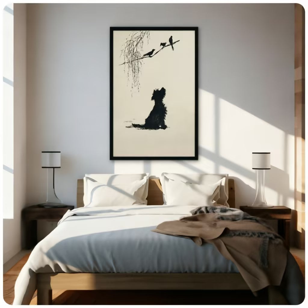 Minimalist Dog Birds Willow Ink Art Canvas Wall Art
