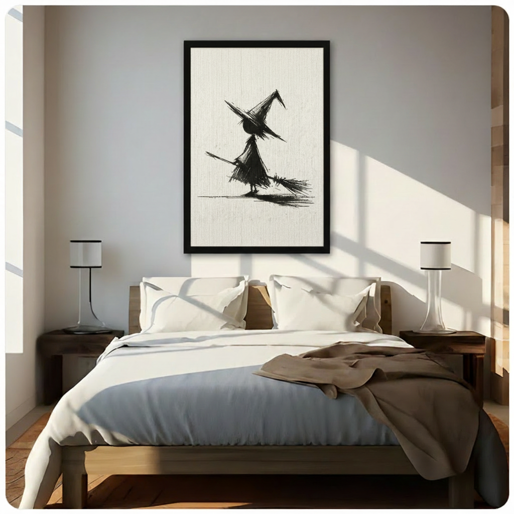 Charcoal Witch Broom Sketch Canvas Wall Art