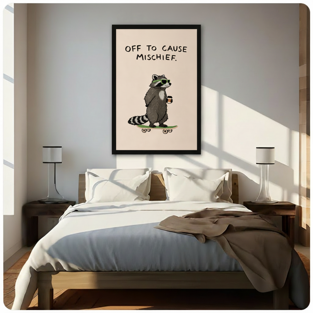 Mischief Raccoon Skateboard Funny Canvas Wall Art