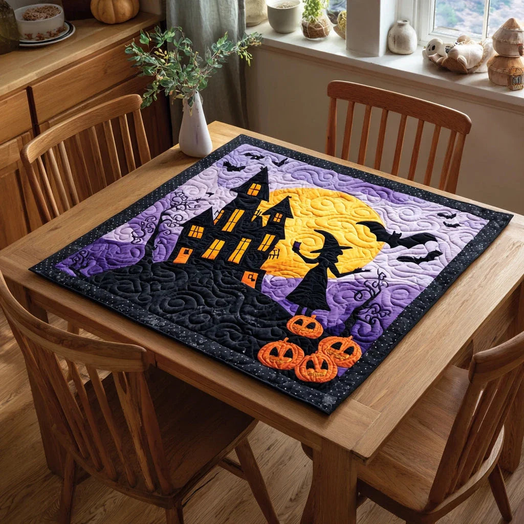 Misty Halloween Castle Quilted Table Topper