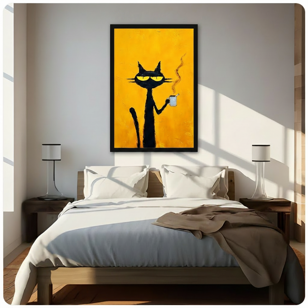 Black Cat Yellow Eyes Coffee Canvas Art Wall Art
