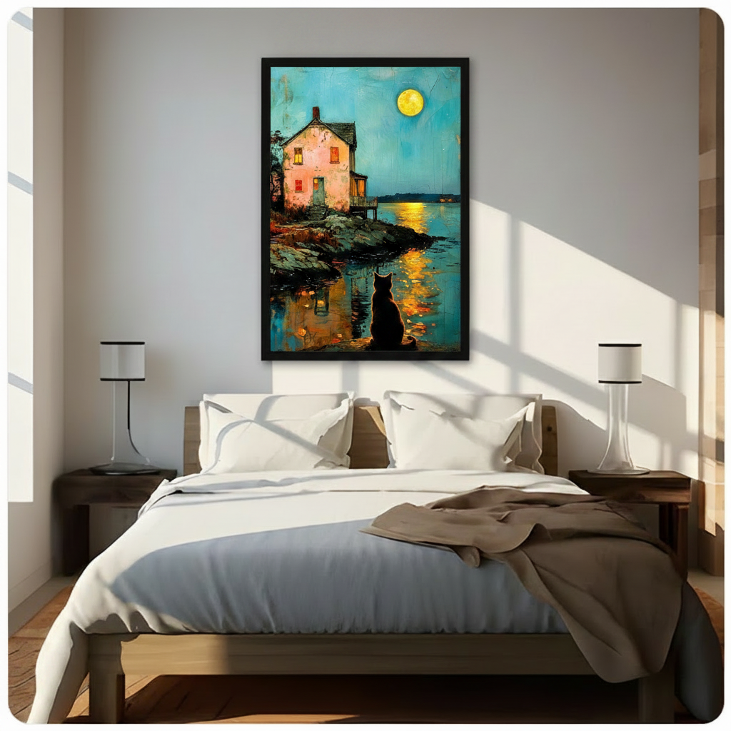 Moonlit Black Cat Lakeside Cottage Canvas Art