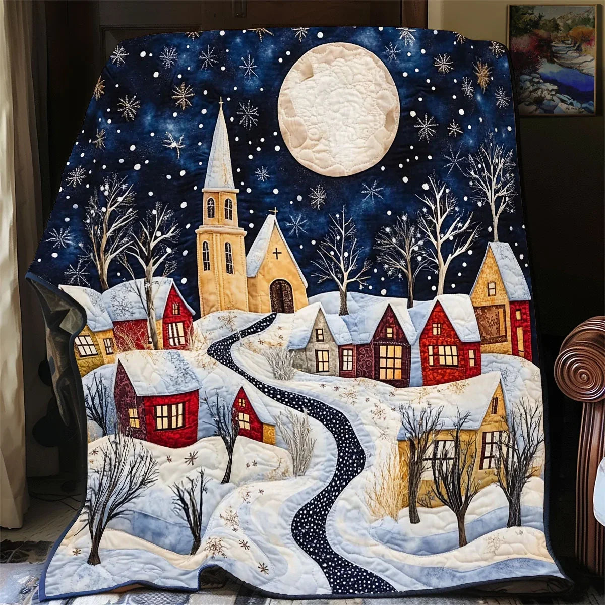 Moonlit Snow Village Quilt Blanket