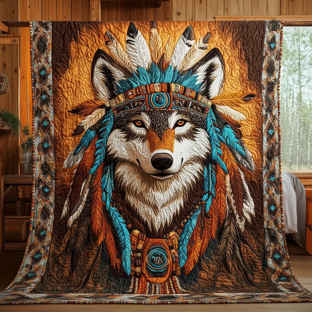 Native Warrior Wolf Quilt Blanket