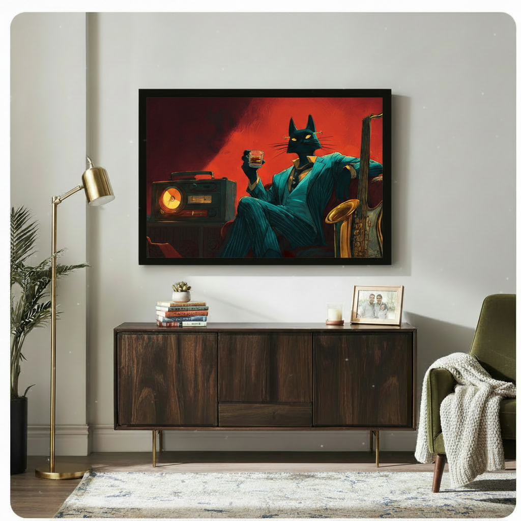 Noir Jazz Cat Framed Canvas Wall Art