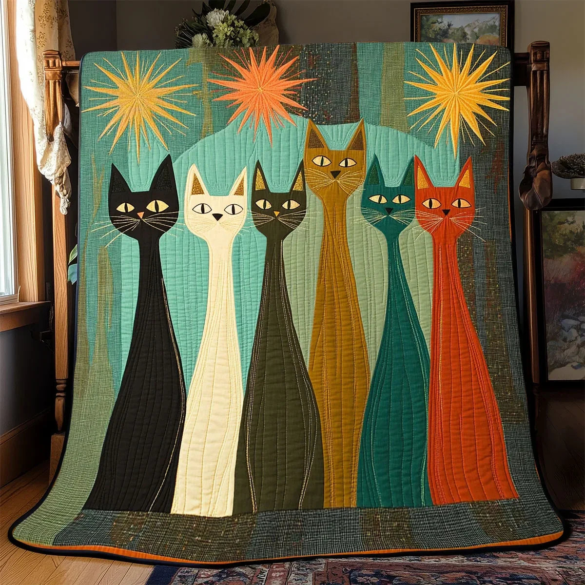 Old Style Whimsical Cat Quilt Blanket