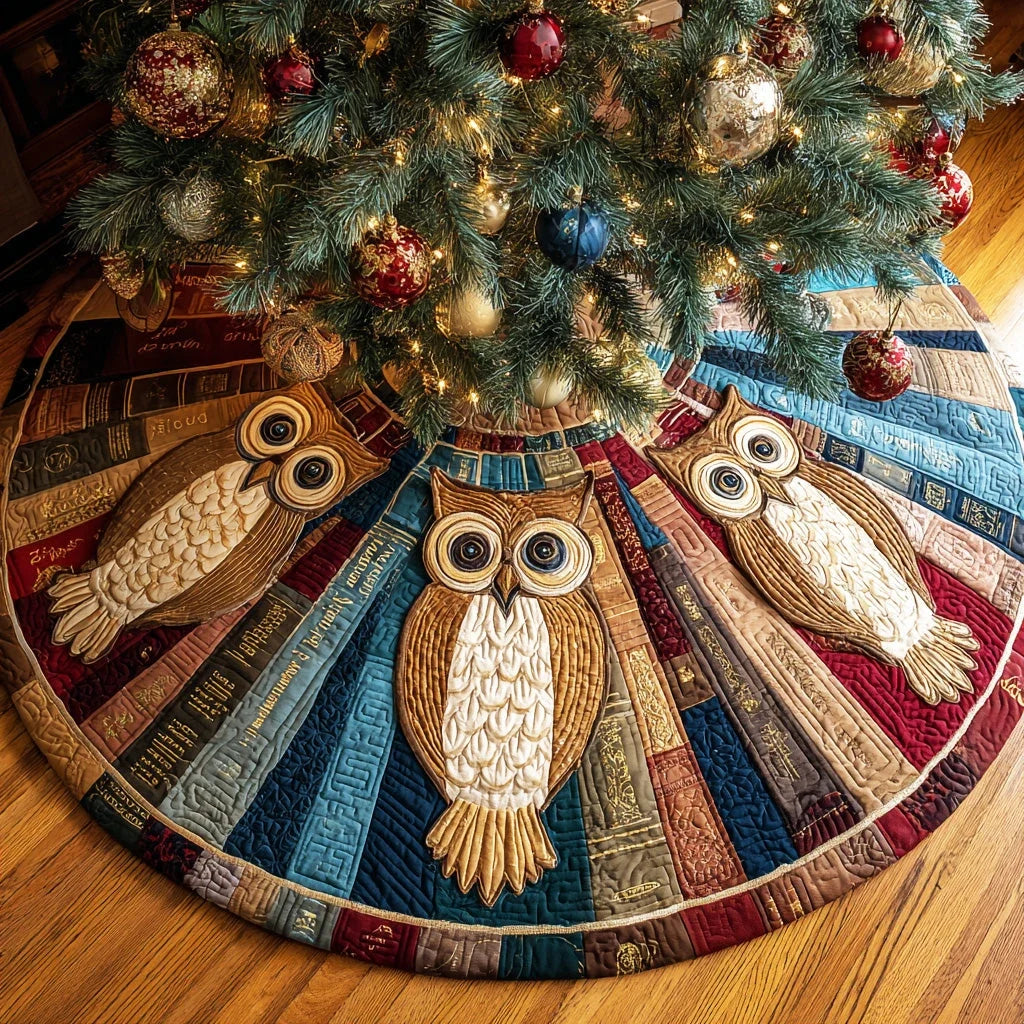 Owl Book Haven Christmas Quilted Tree Skirt